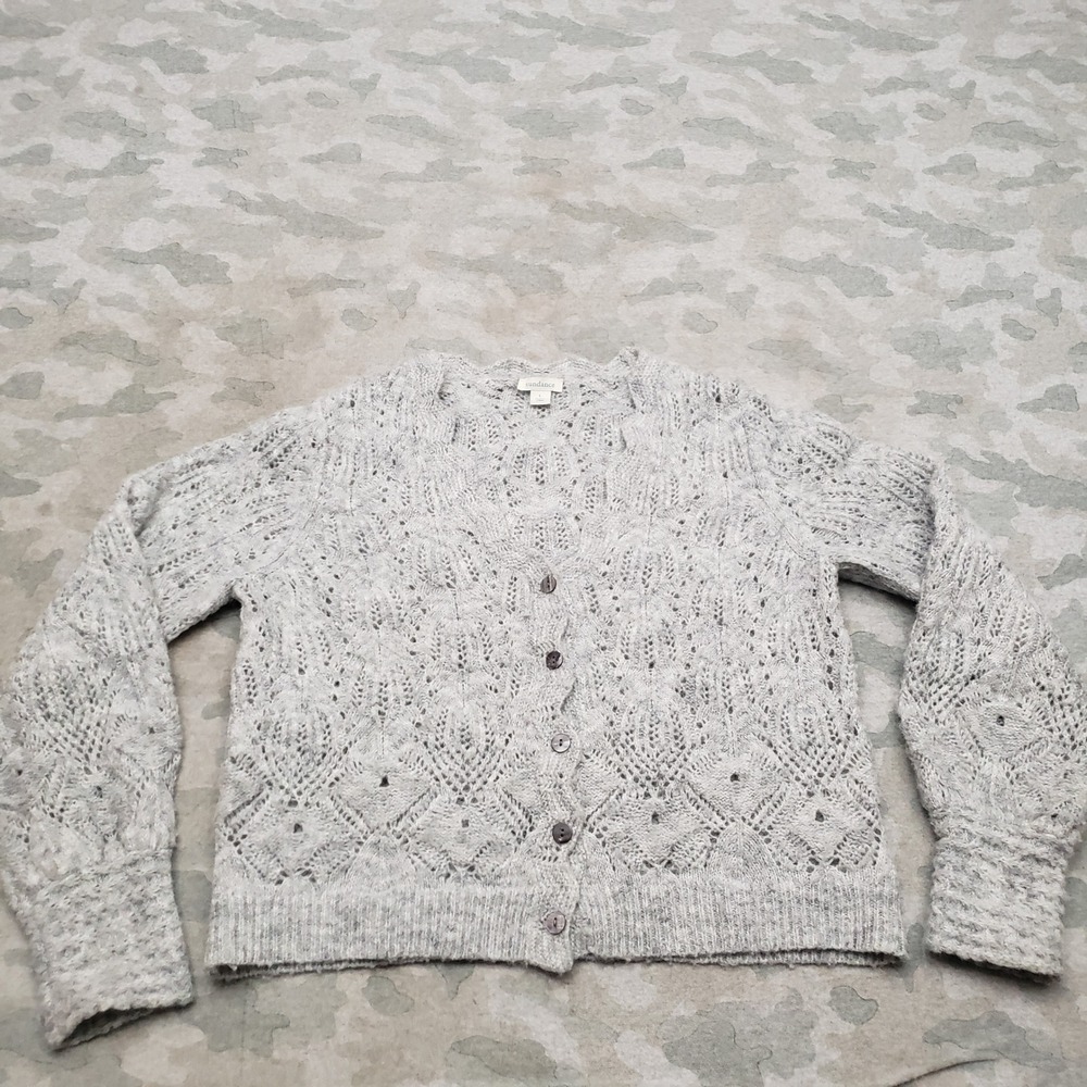 Sundance Cardigan Sweater Women Large Gray Wool Blend Open Knit Button